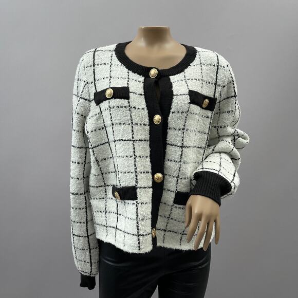 Express Sweaters - Express Sweater Women L Plaid Gold Novelty Button Cardigan Puff Sleeve NWT